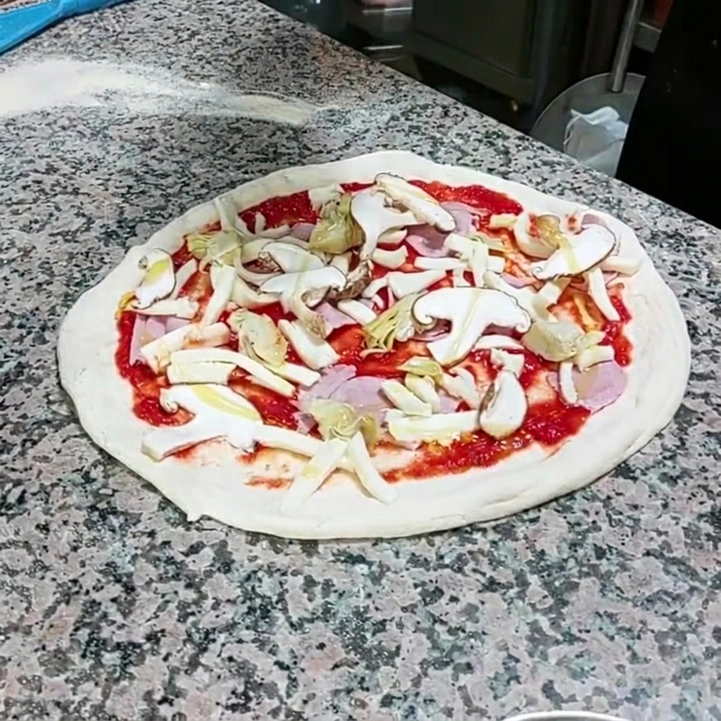 Olive oil being drizzled in a thin stream over the pizza toppings.