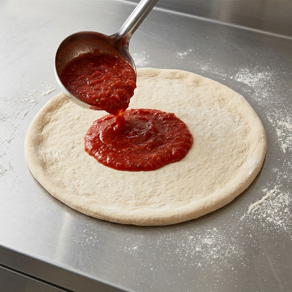 A ladle spreading rich tomato sauce in a circular motion on fresh raw pizza dough.