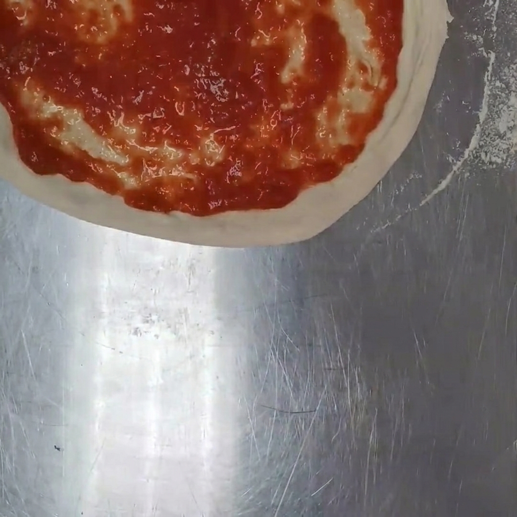 Fresh pieces of mozzarella cheese being scattered by hand over the tomato sauce on the pizza dough.