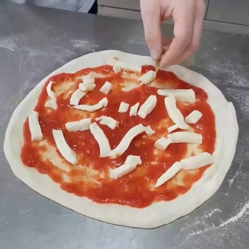Grilled artichoke halves being carefully placed on the pizza, arranged over the mozzarella and sauce.