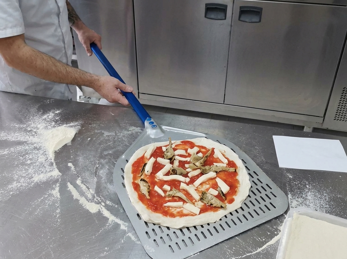 A metal peel lifting a raw pizza into a hot professional pizza oven for baking.