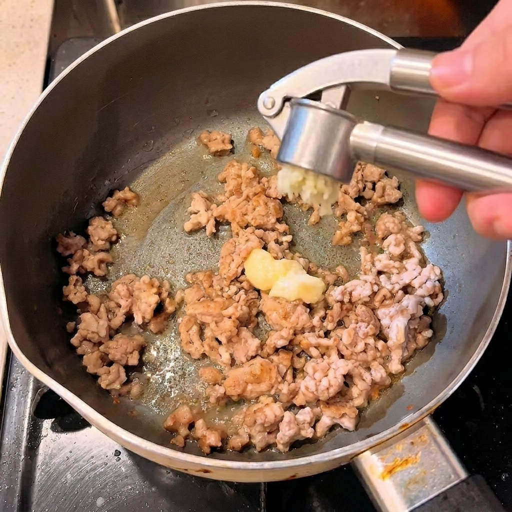 Minced meat in a pan being seasoned with garlic and various sauces.
