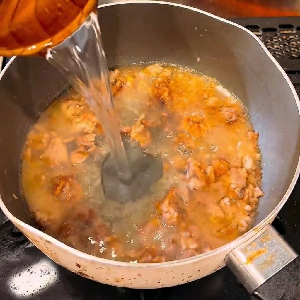 Water being poured into the pan with the cooked meat and seasoning mixture.