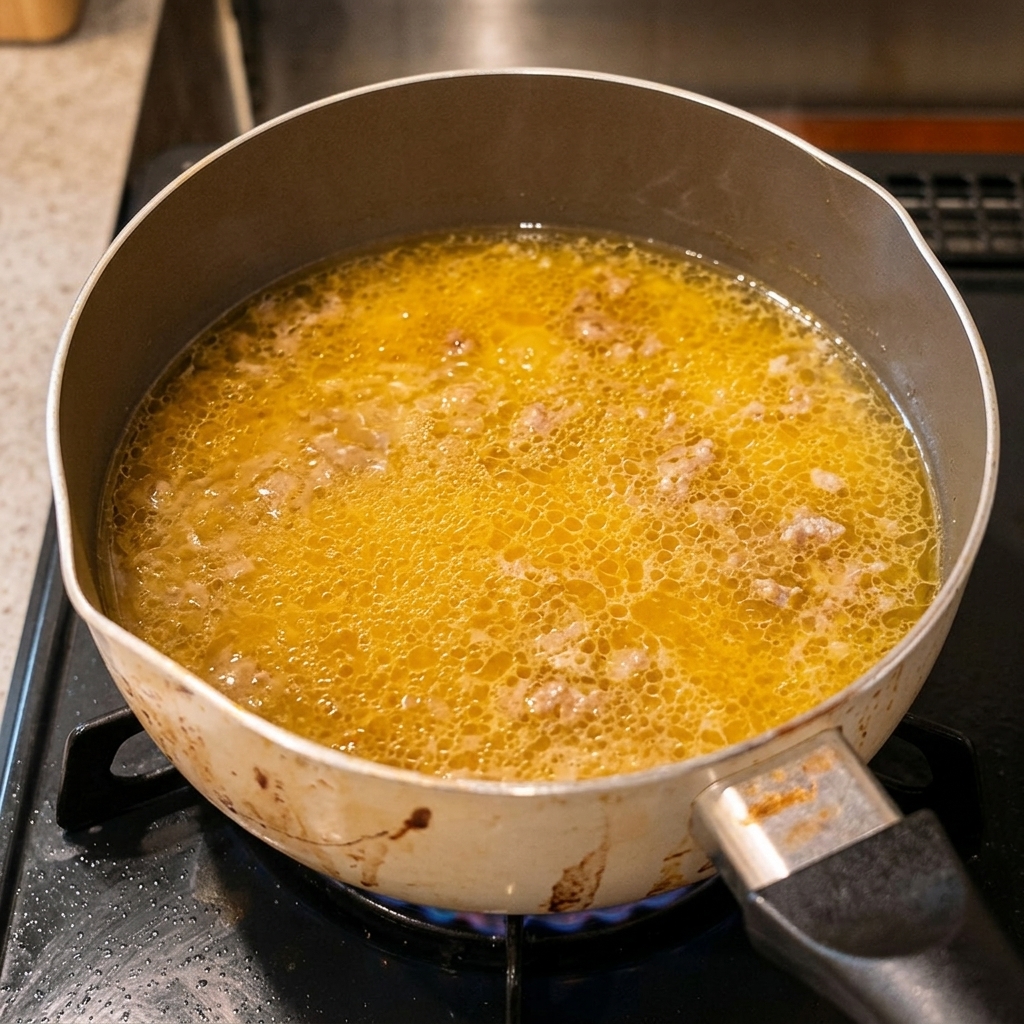 Ramen soup broth simmering in a pot with seasoning being added.