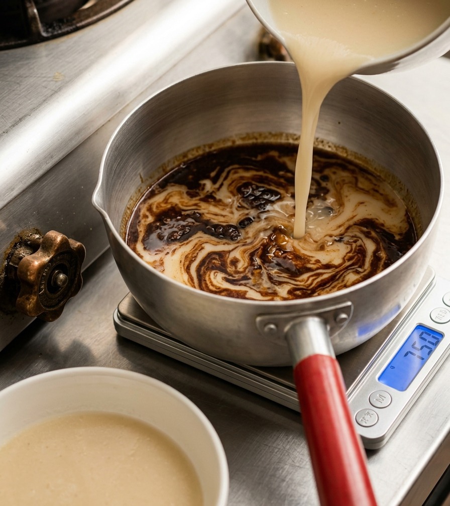 Milky pork broth being poured into a saucepan containing the concentrated sauce base.