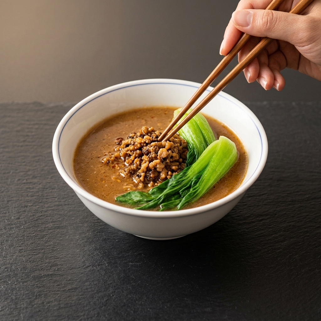 Green blanched bok choy being placed into the bowl with chopsticks.