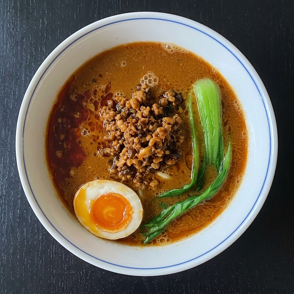 Bright red chili oil being drizzled over the top of the noodle bowl with a metal spoon.