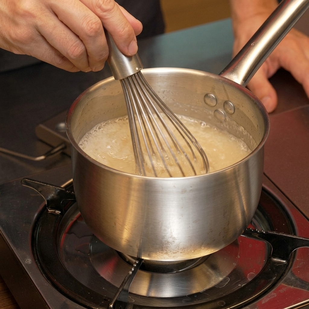 Hands vigorously whisking a clear kelp broth in a stainless steel pot on a stove.