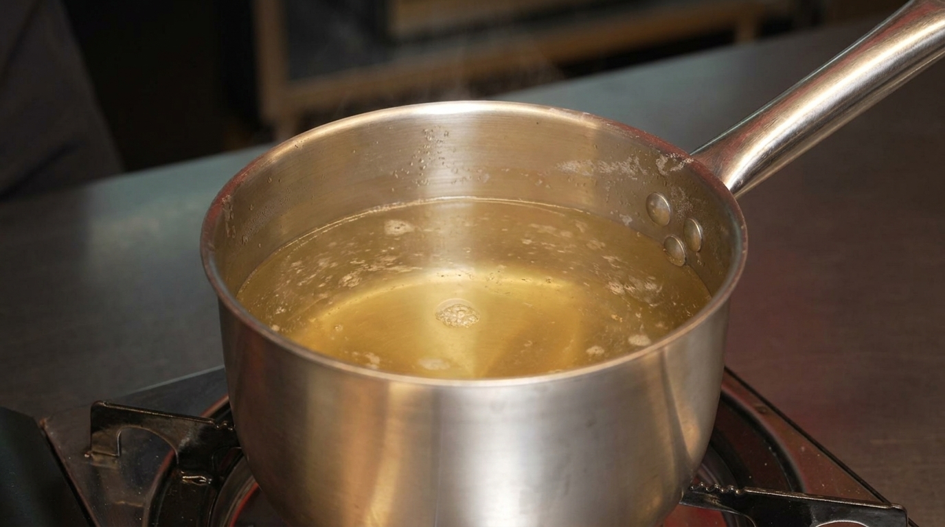 A stainless steel saucepan filled with the finished clear, golden kelp salt ramen seasoning.