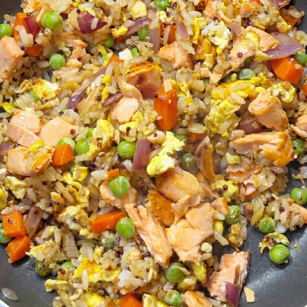 A pan filled with a colorful mixture of salmon, rice, peas, carrots, and onions being tossed together.