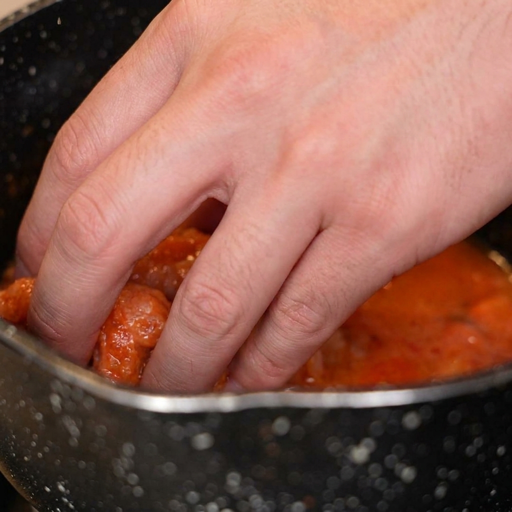 Sliced fried shrimp cutlet being placed into the pan containing simmering onions and broth.