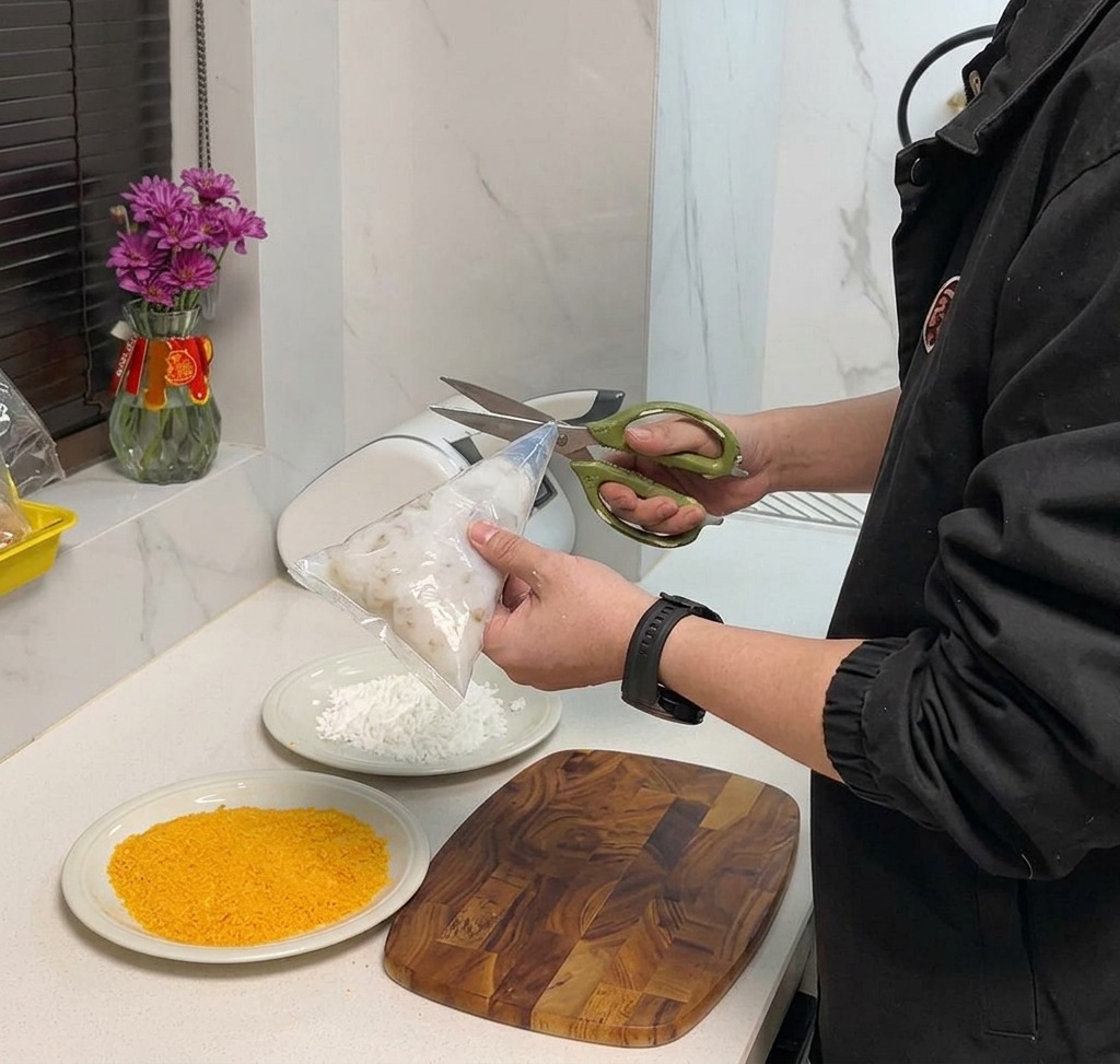 Vacuum sealed bag of shrimp paste being opened with scissors.