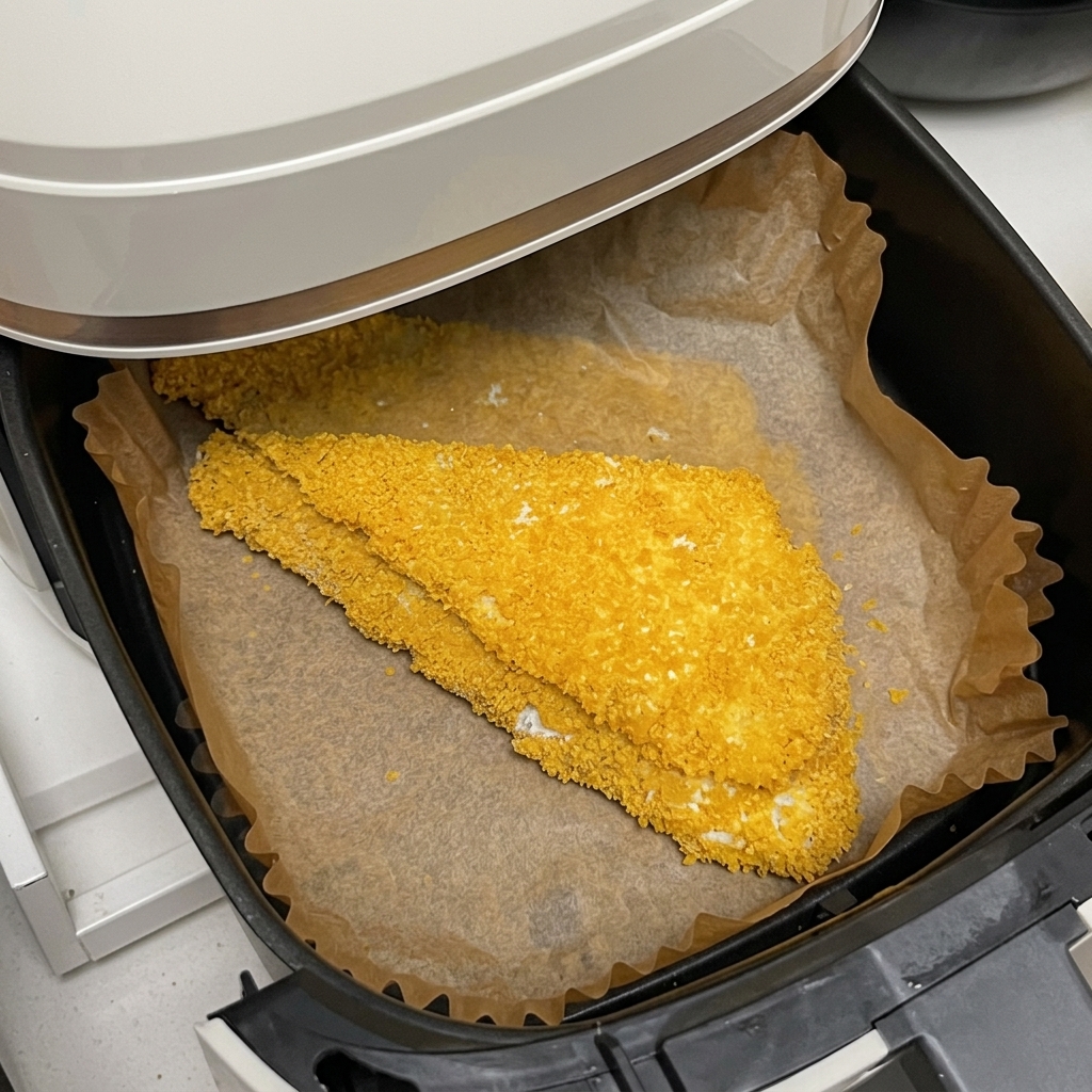 Close-up view of breaded shrimp paste patties arranged in an air fryer, being lightly misted with cooking oil spray.