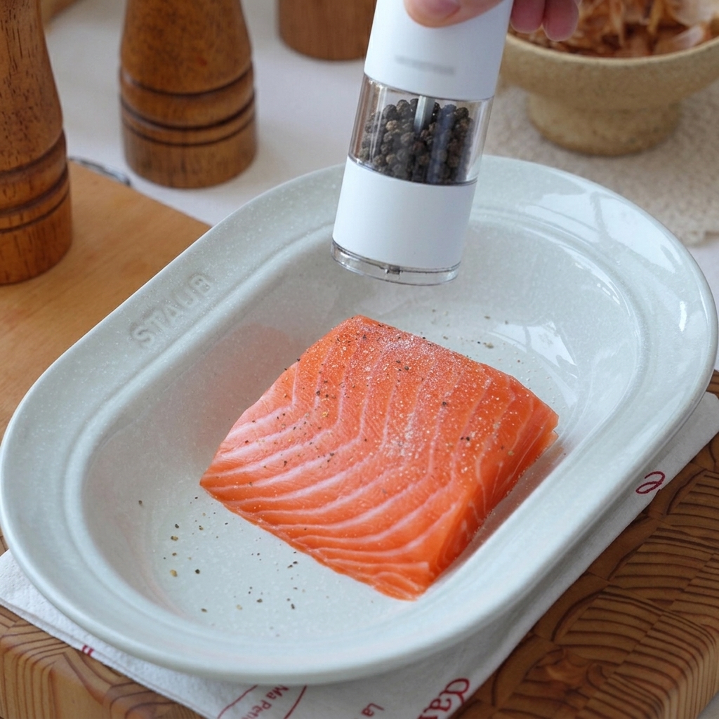 A raw, pink salmon fillet in a white ceramic dish being seasoned with sea salt and black pepper from an electric grinder.