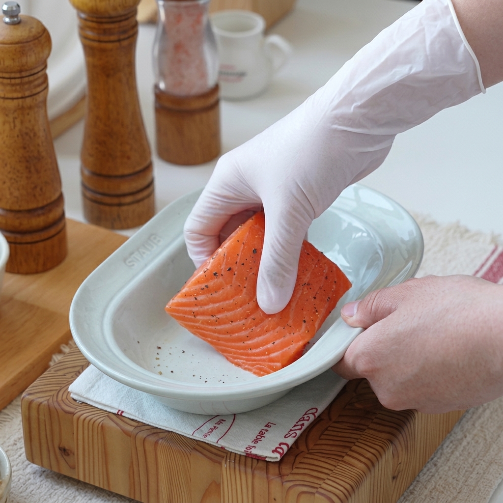 A gloved hand rubbing salt and pepper seasoning evenly into a raw salmon fillet inside a white ceramic dish.