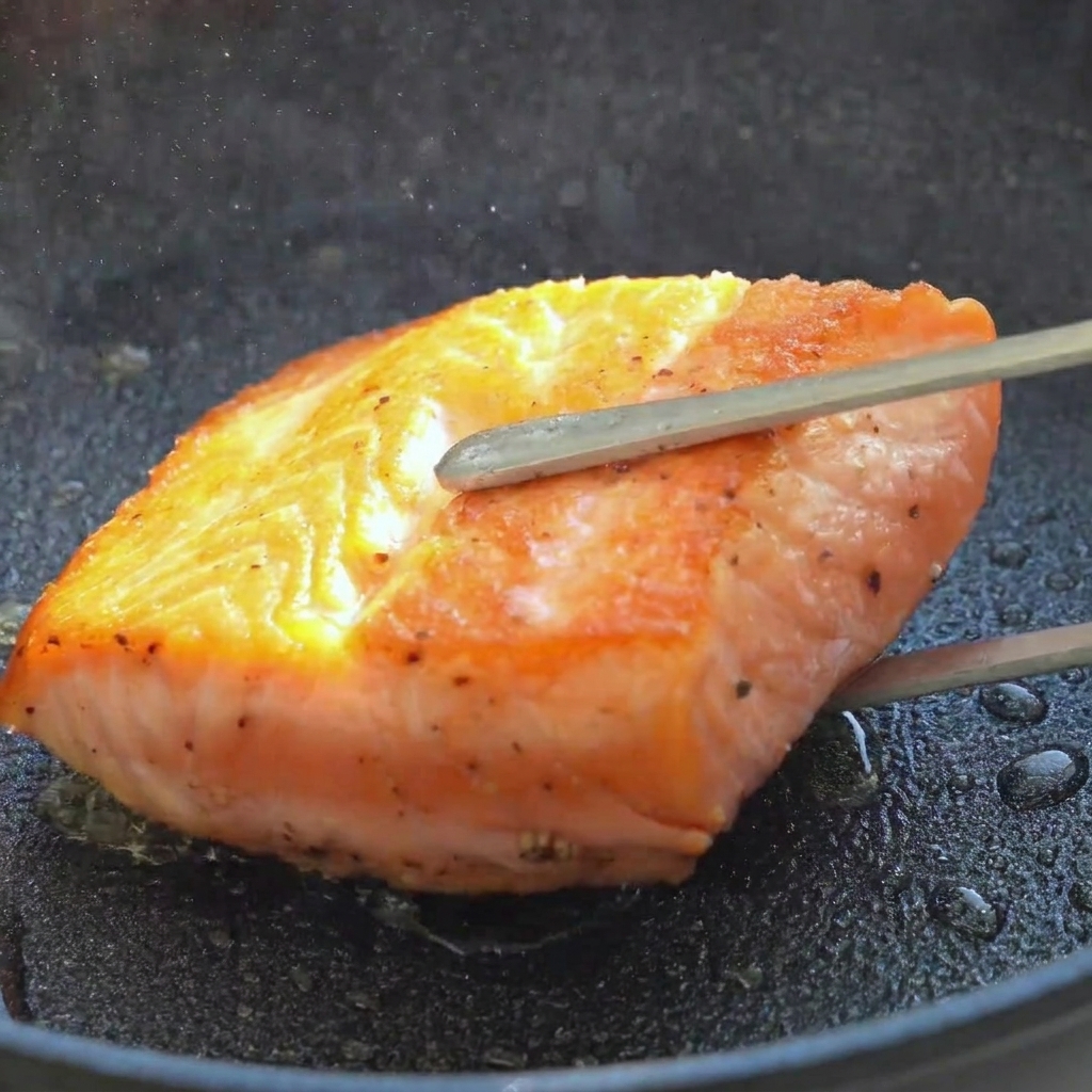 A salmon fillet being flipped with metal tongs in a hot skillet, revealing a browned, seared crust on the cooked side.