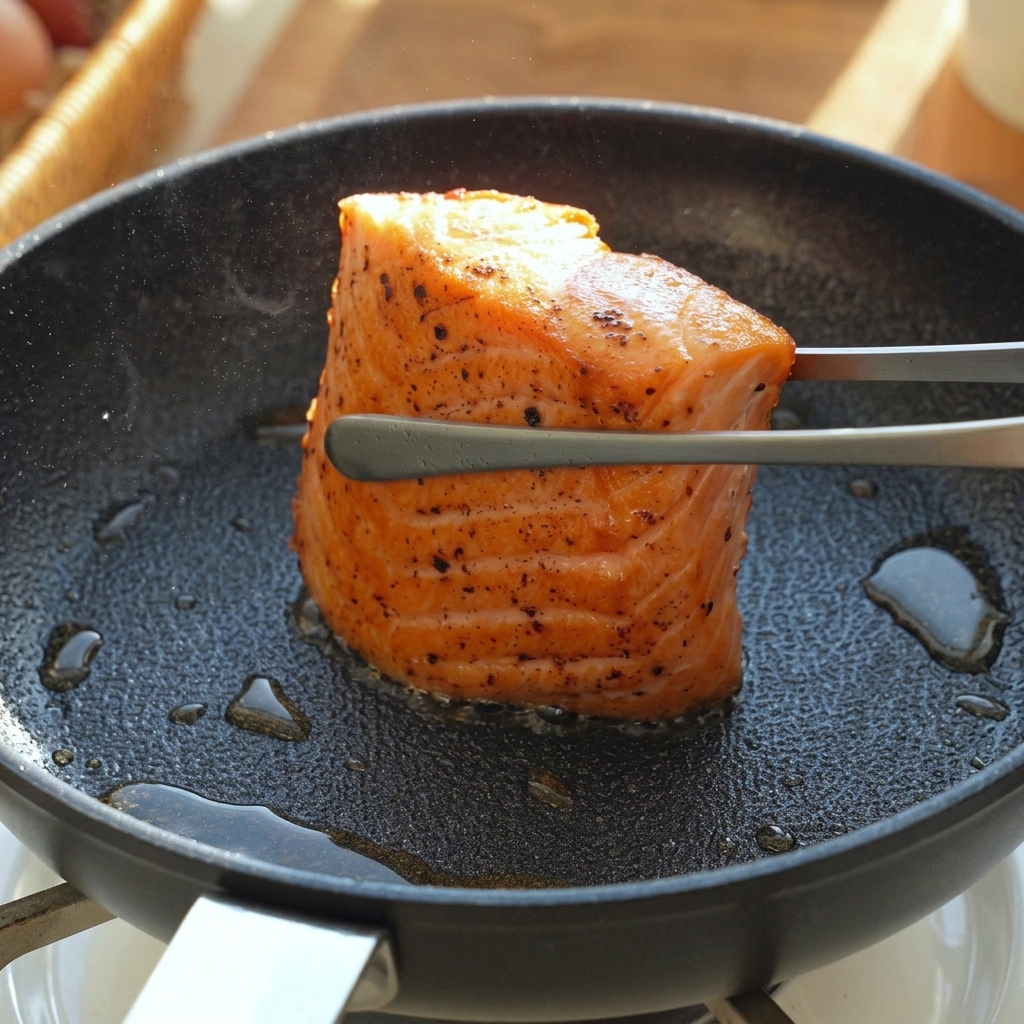 A partially cooked salmon fillet held on its edge with metal tongs to sear the sides in a hot black pan.