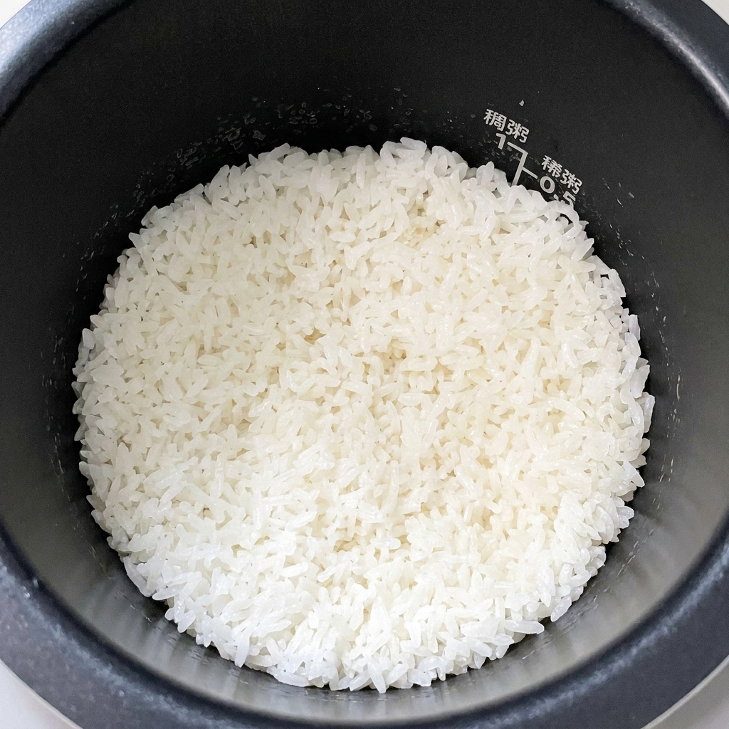 A rice paddle lifting a large scoop of freshly cooked white rice from the rice cooker pot.