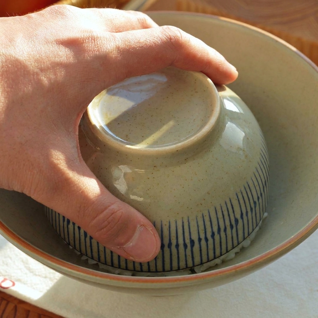 A perfectly molded mound of white rice sitting neatly in the center of a light blue serving bowl.