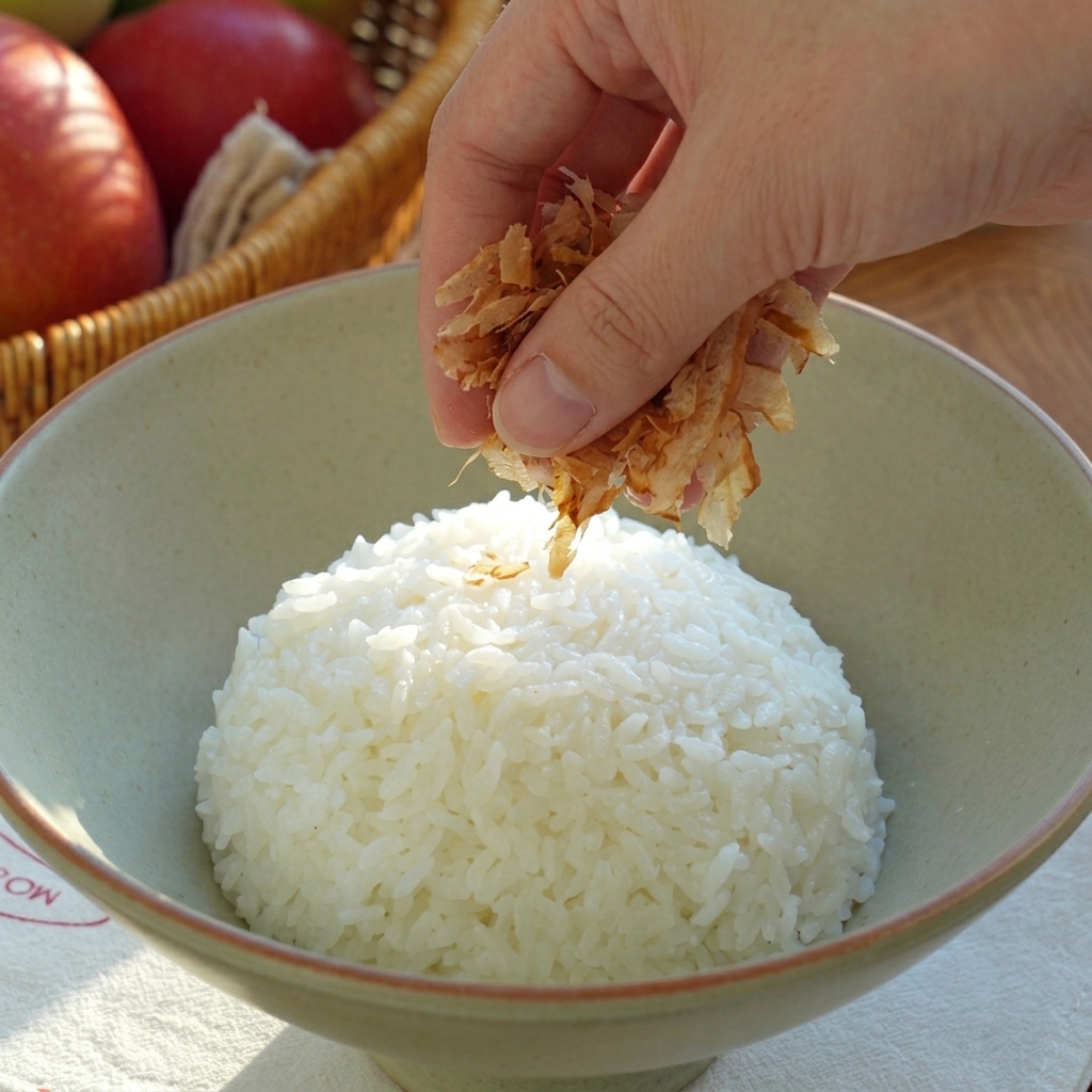 Hand sprinkling dried bonito flakes over the base of a white rice mound in a serving bowl.