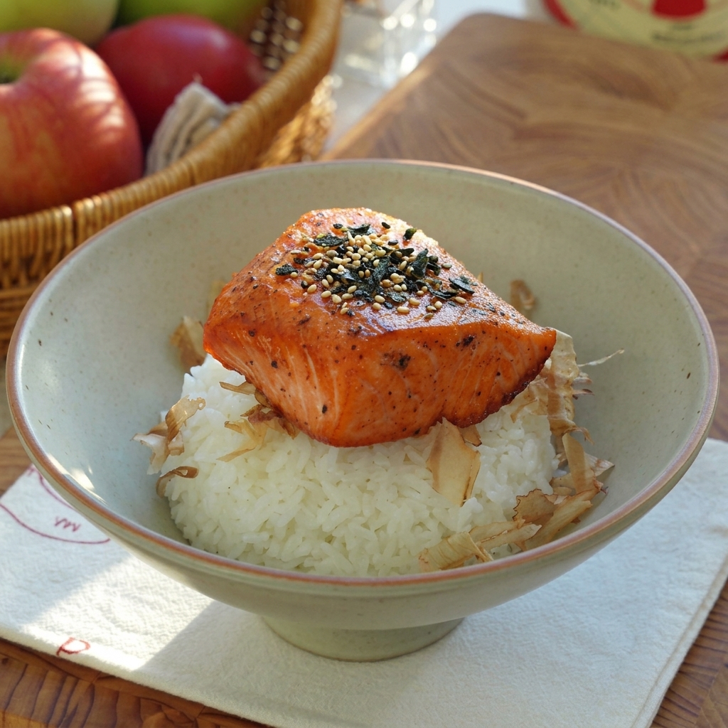 A close-up view of the pan-fried salmon fillet being topped with a sprinkle of green onions, nori, and sesame seeds.