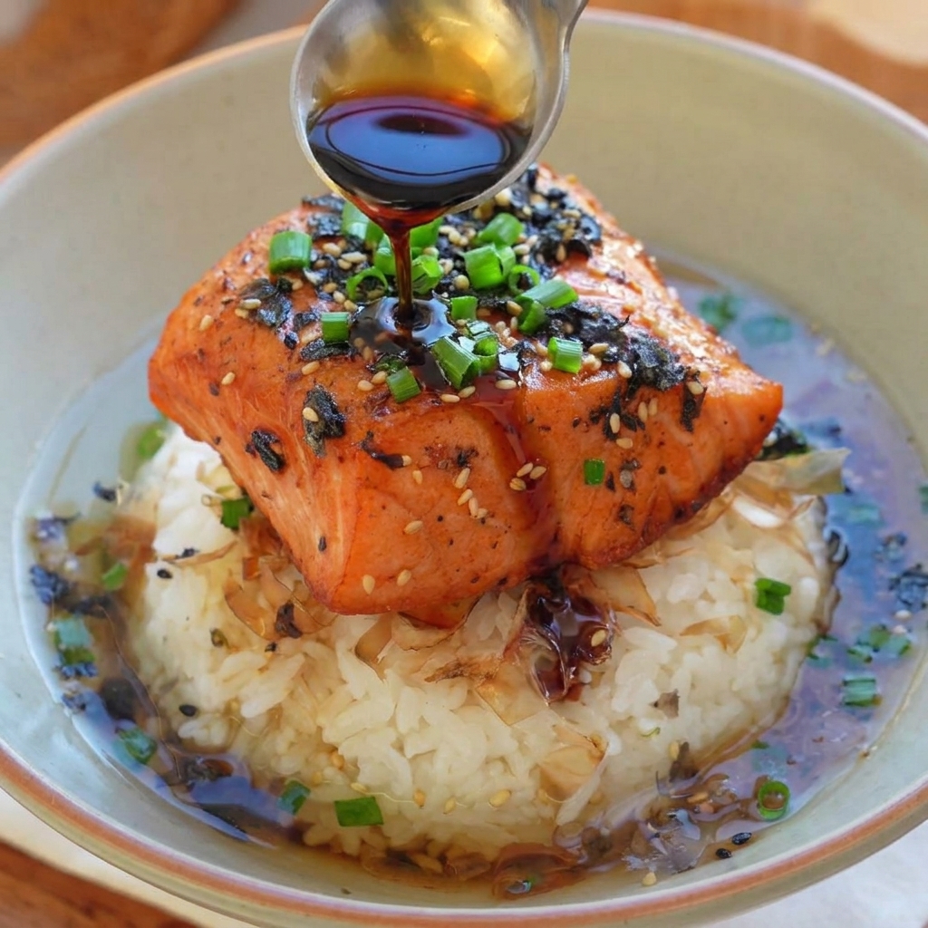 A spoonful of dark soy sauce being drizzled over the top of the salmon, adding a rich, savory glaze.