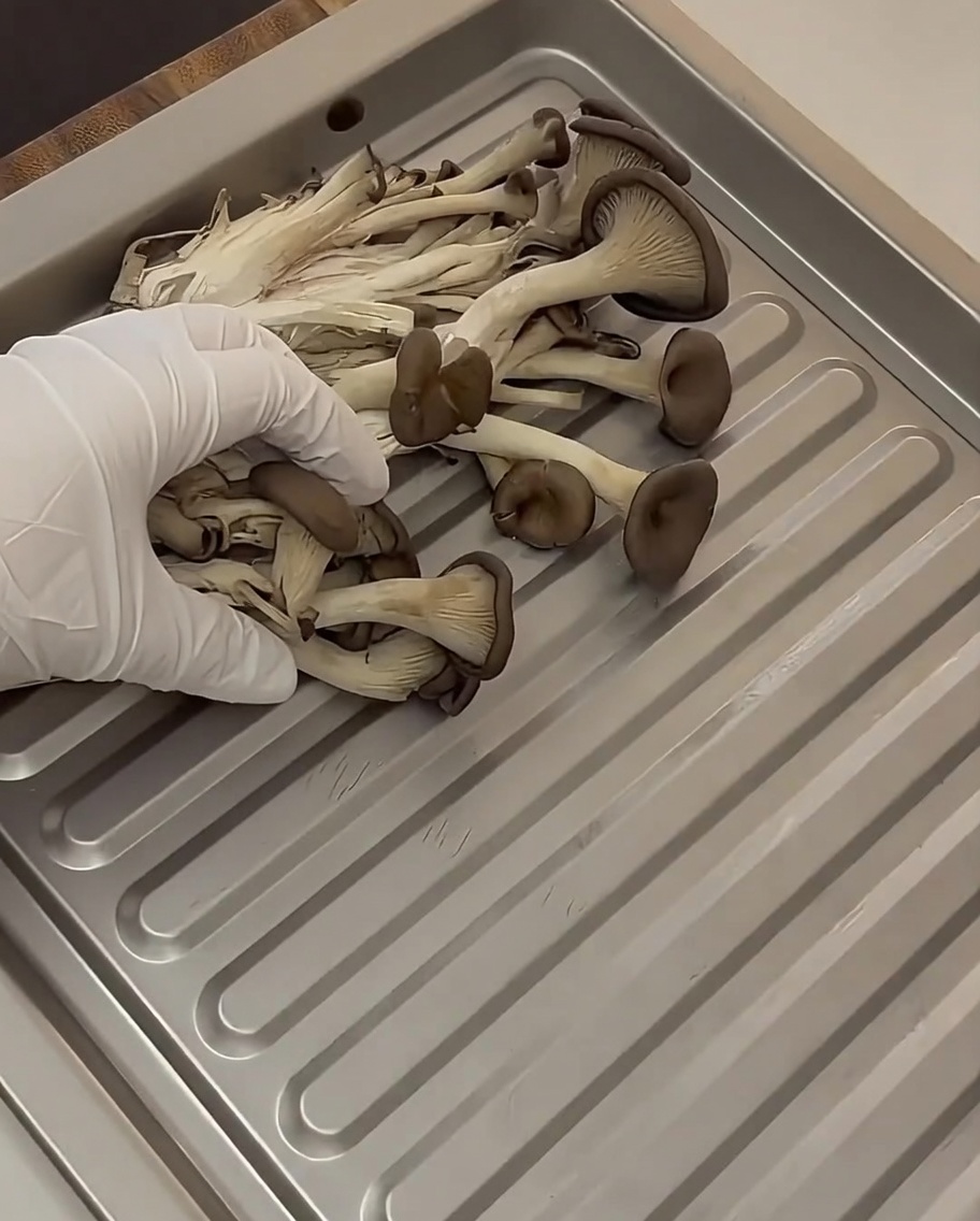 A baking tray being filled with sliced mushrooms, onion rings, and aged kimchi.