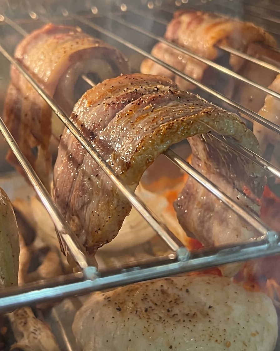 Crispy roasted pork belly being cut into smaller pieces on a plate using kitchen shears.