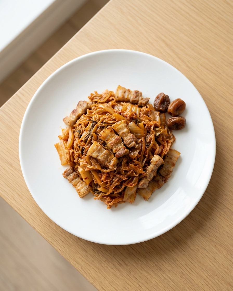 Plum extract being drizzled over the roasted kimchi and pork belly mixture on a white plate.