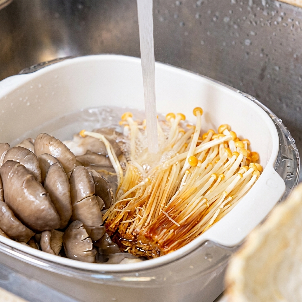 Fresh enoki and oyster mushrooms being washed under a gentle stream of water in a kitchen sink.