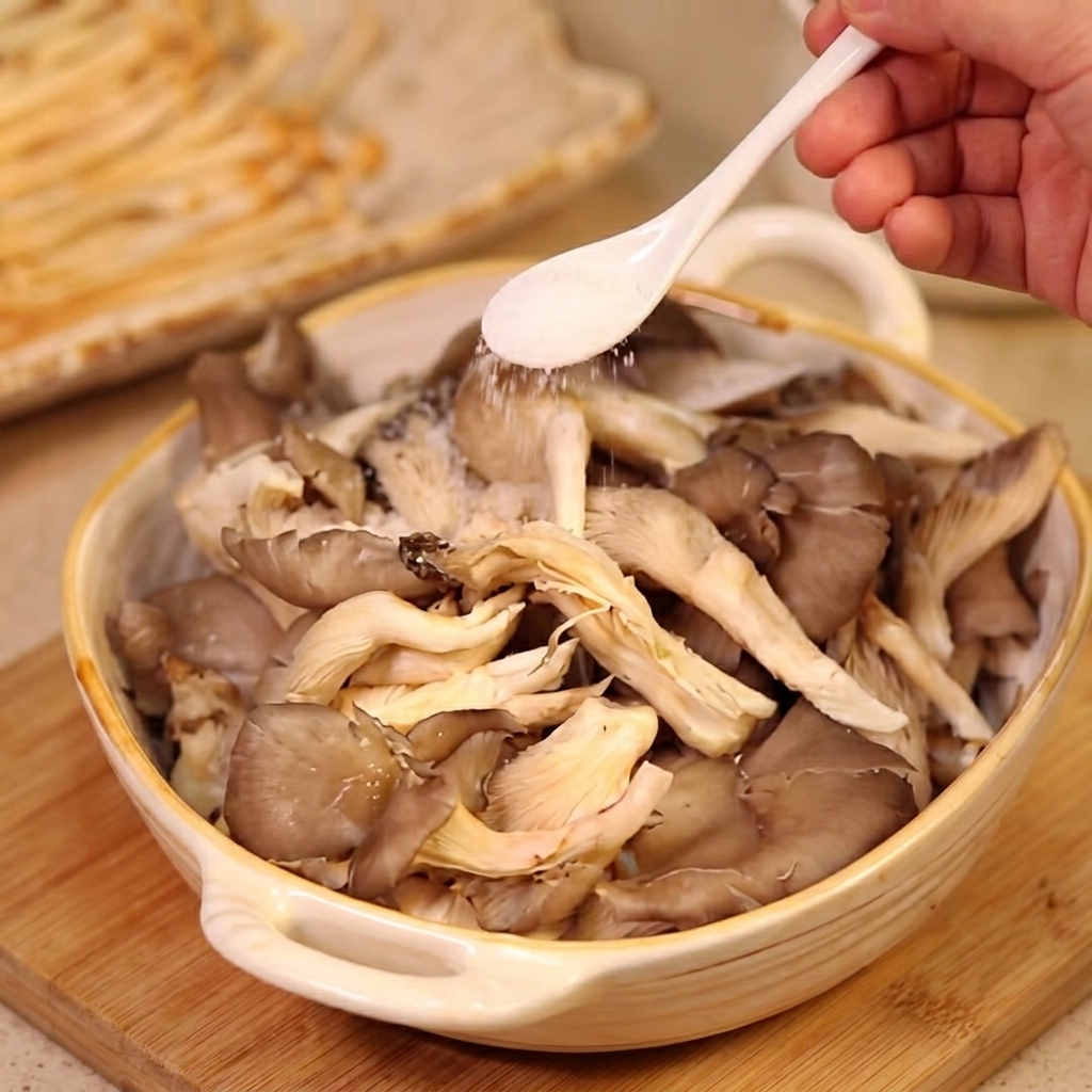 Oyster mushrooms being salted in a bowl by hand.