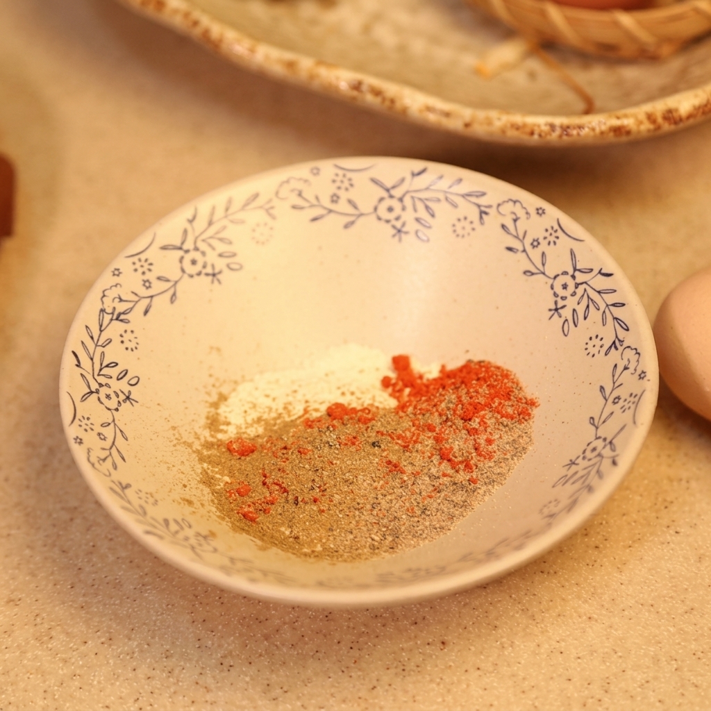 A small bowl containing a mixture of flour, red chili powder, and spices ready to be mixed.