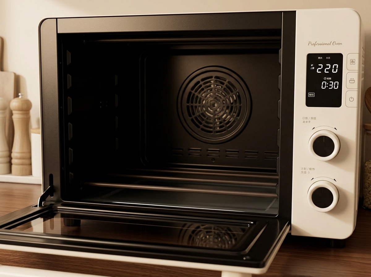 A baking tray with seasoned mushrooms being placed into a modern, clean-looking oven.