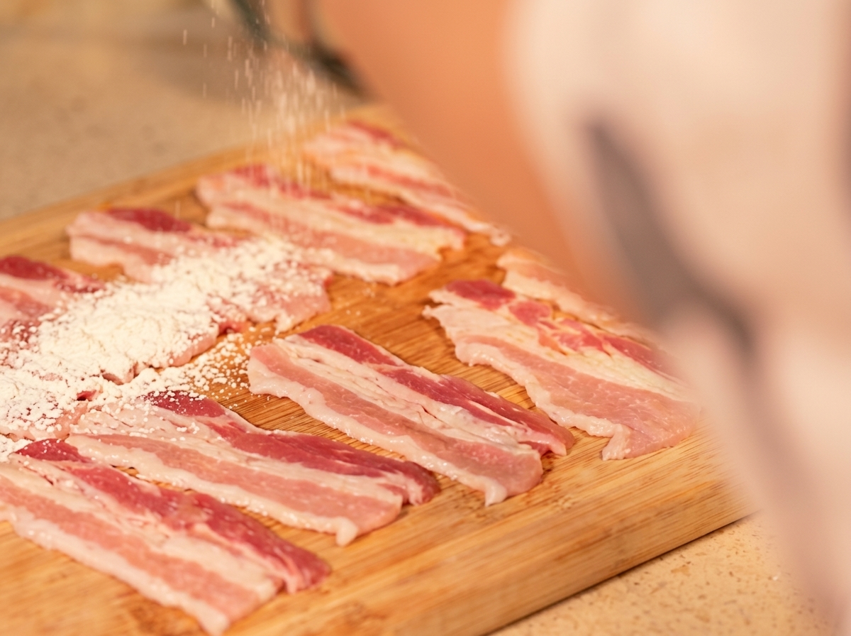 Slices of raw pork belly laid out on a wooden cutting board, being lightly dusted with starch.