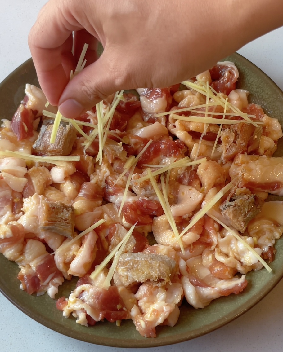 Ginger strips being scattered over a plate of seasoned pork belly and salted fish, ready for the steamer.