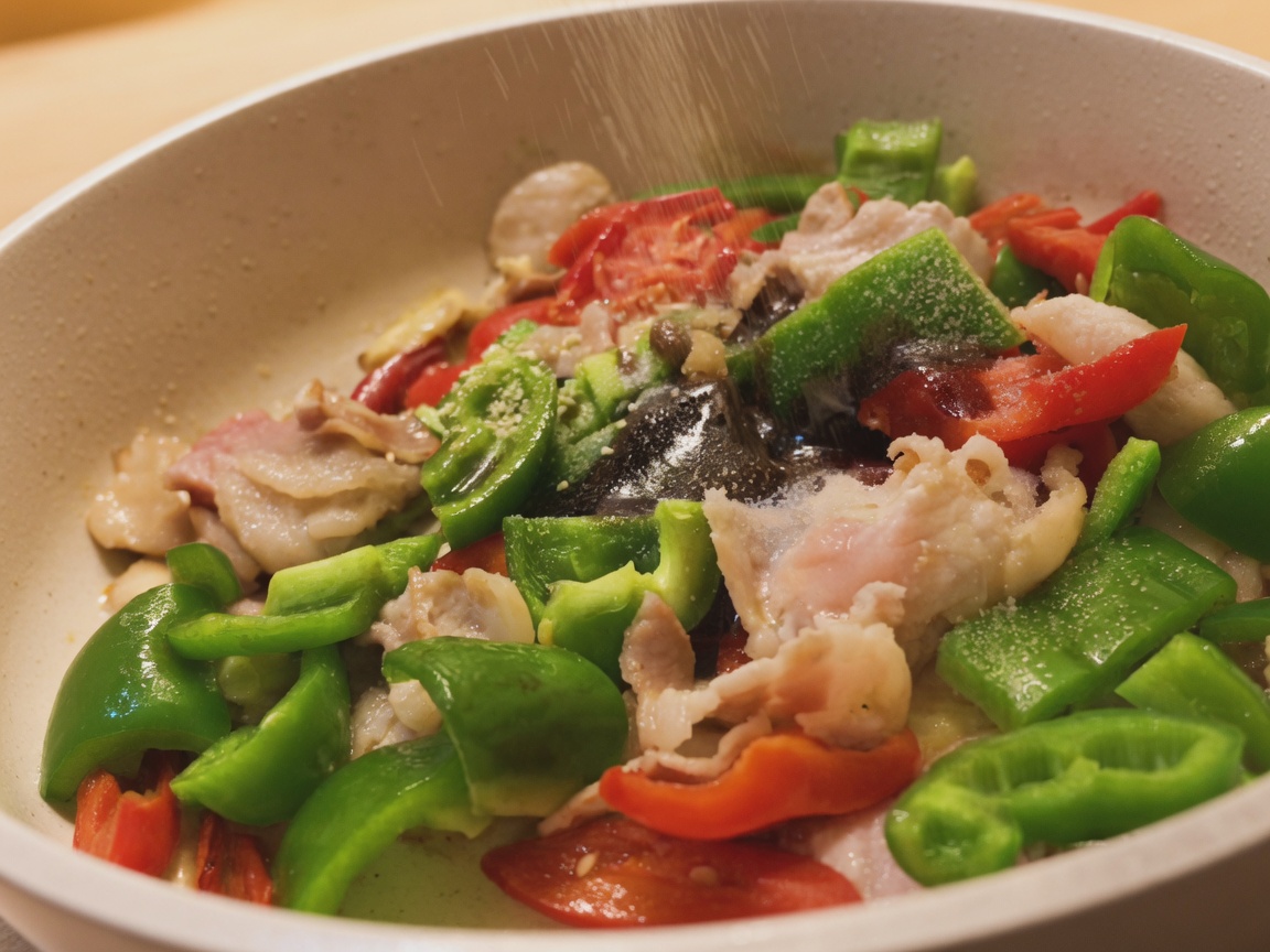 Ground spices being sprinkled into a pan filled with sizzling pork belly and colorful bell peppers.