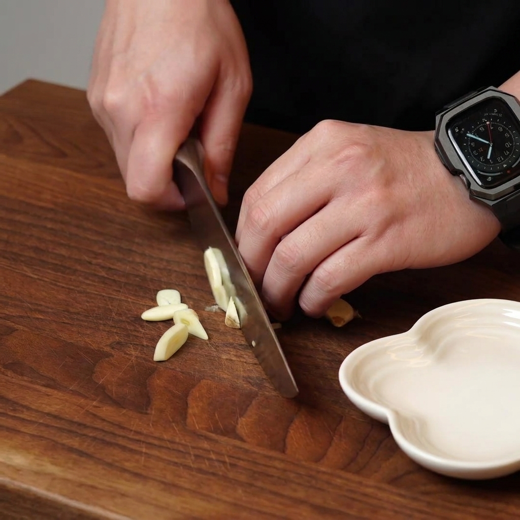 A persons hands using a knife to thinly slice garlic cloves on a wooden cutting board.