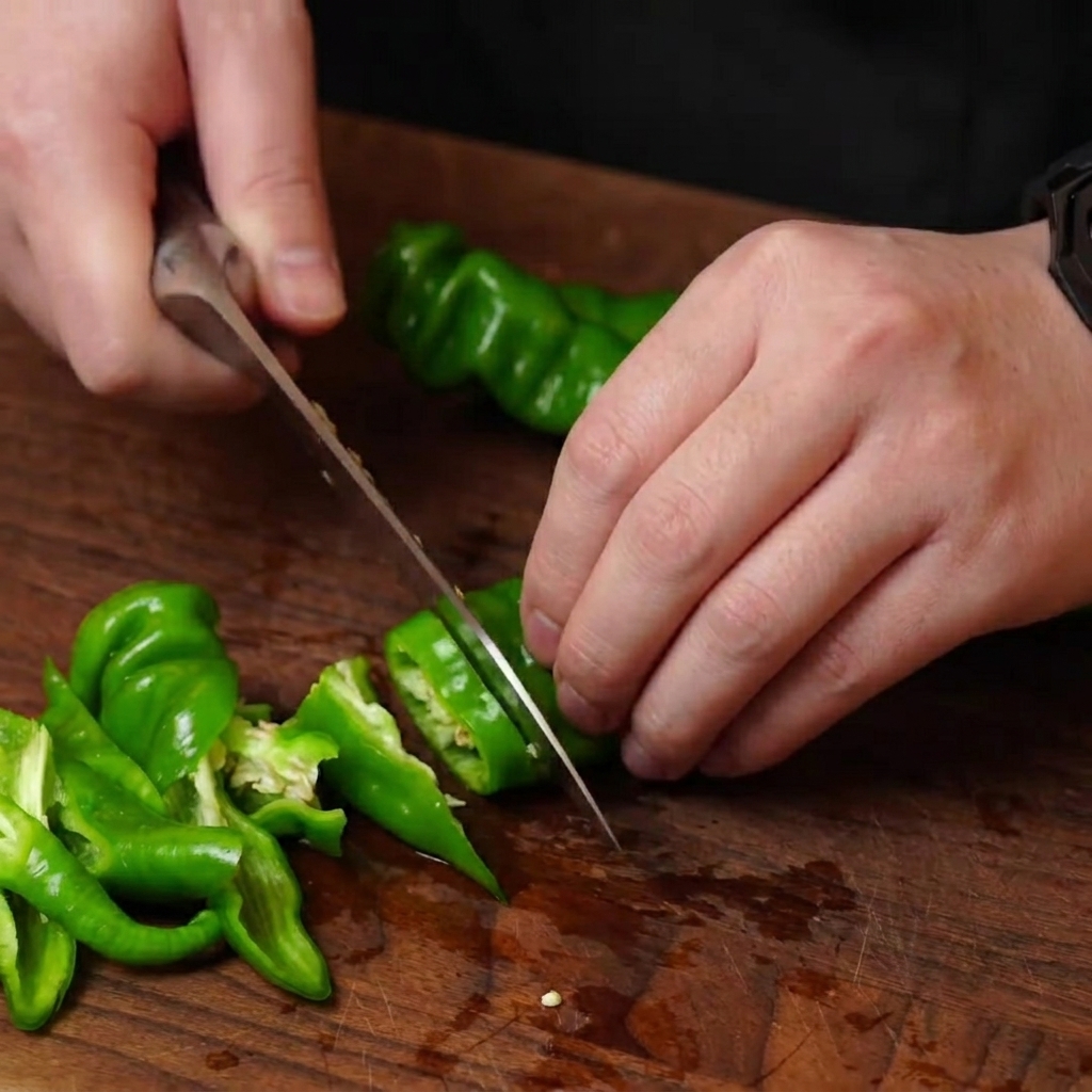 Hands using a knife to diagonally slice green screw peppers into pieces on a wooden cutting board.