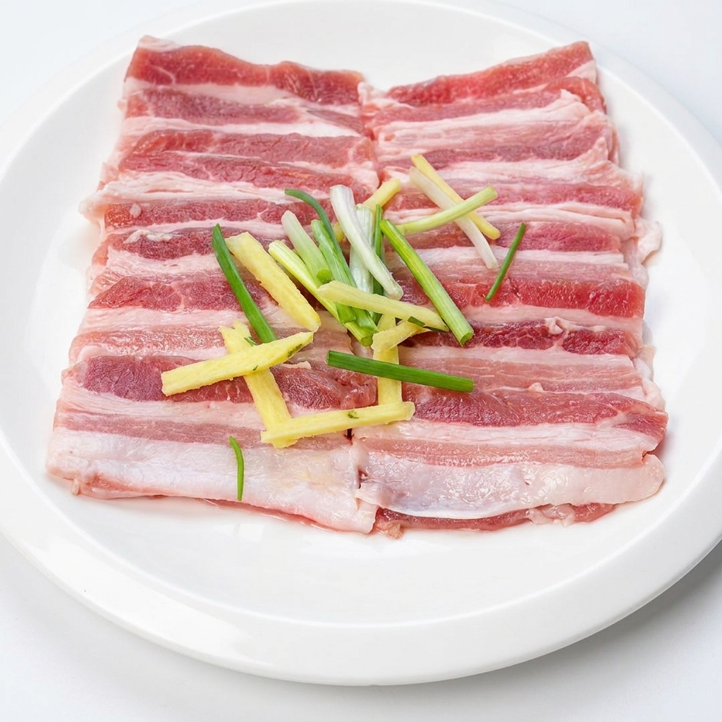 Pork belly slices seasoned with ginger, soy sauce, oyster sauce, and barbecue rub on a plate.