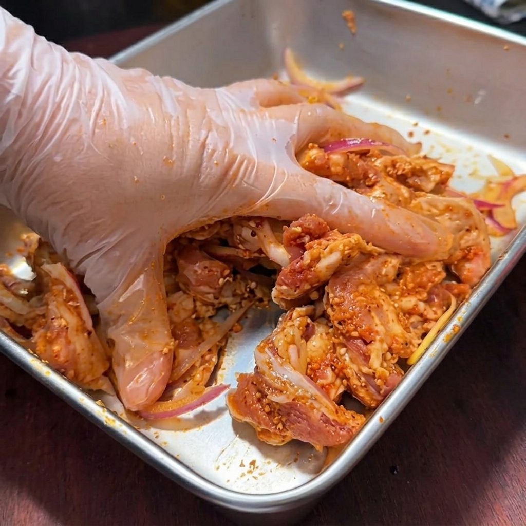 Raw seasoned pork belly slices laid out on a foil-lined baking sheet.