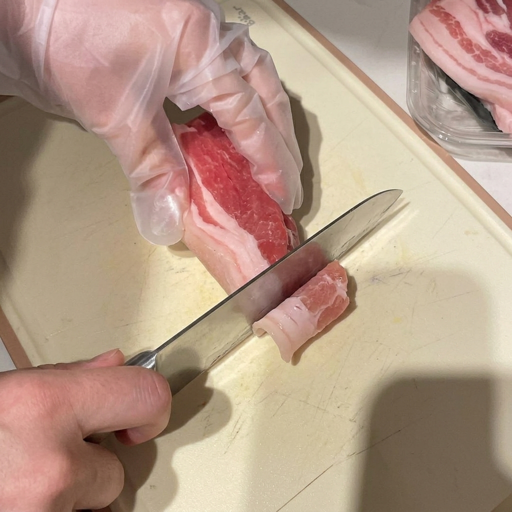 Gloved hands using a chefs knife to cut a block of semi-frozen pork belly into thin slices on a cutting board.