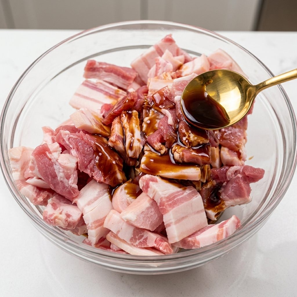 Sliced pork belly in a glass mixing bowl being tossed with dark sauces and seasonings from a golden spoon.
