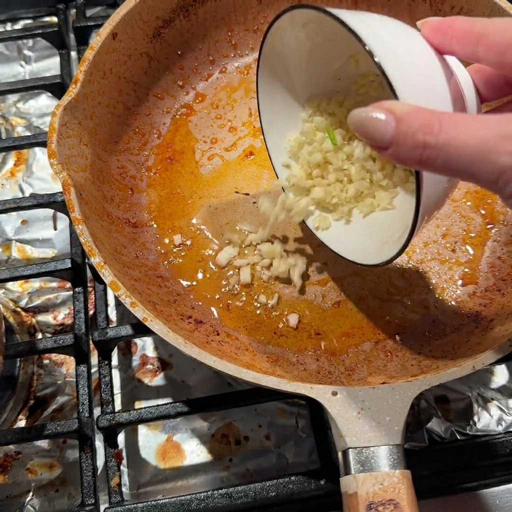 Pouring freshly minced garlic from a small white bowl into a heated pan with residual oil to stir-fry.