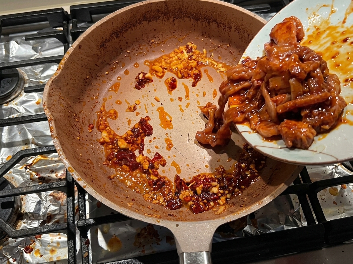 Stir-frying the seasoned pork belly with vegetables over high heat.