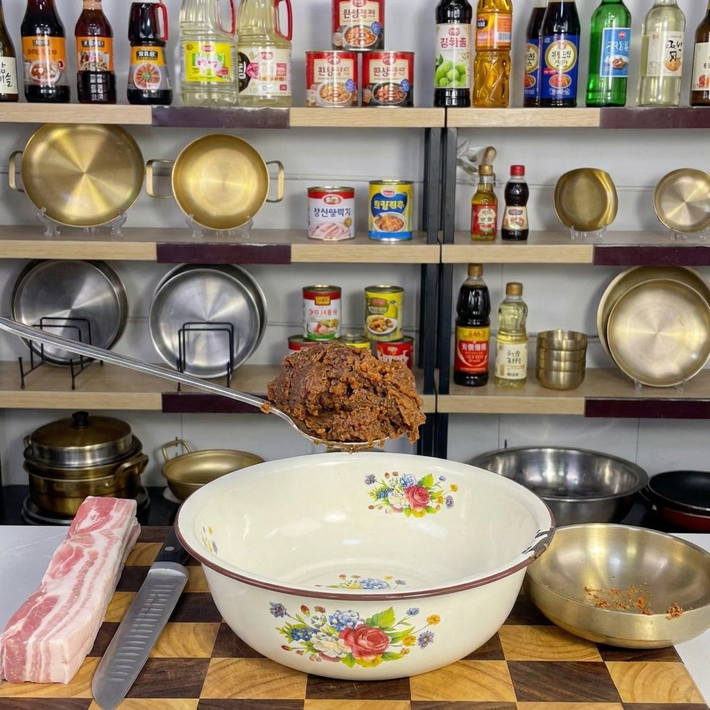 A generous scoop of brown Korean soybean paste sitting in a white floral-patterned mixing bowl.