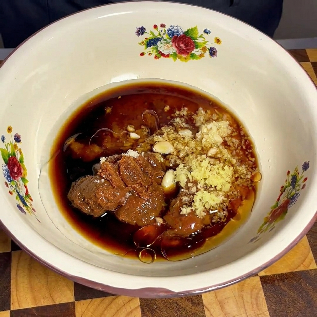 The completed marinade mixture in the bowl, showing a smooth, consistent brown sauce with visible flecks of aromatics.