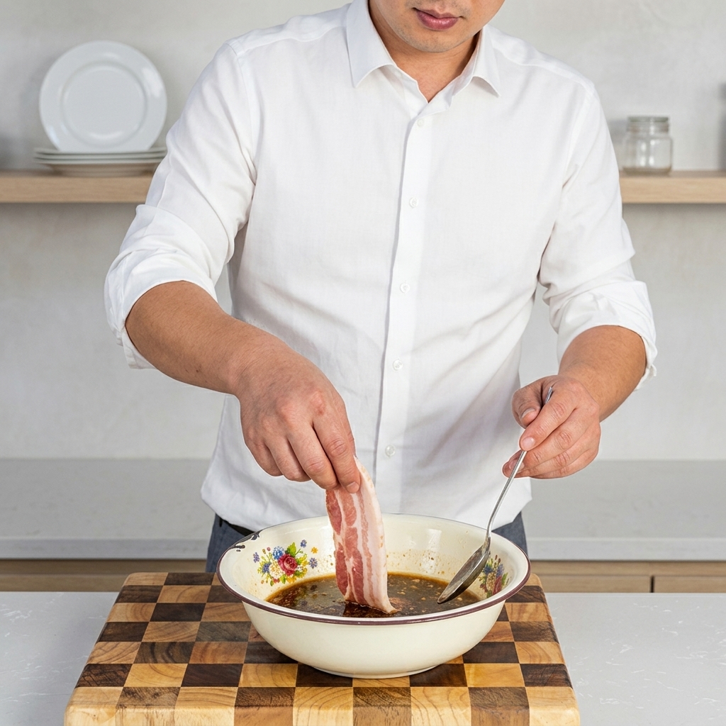 Fresh pork belly strips being placed into the marinade-filled bowl by hand.