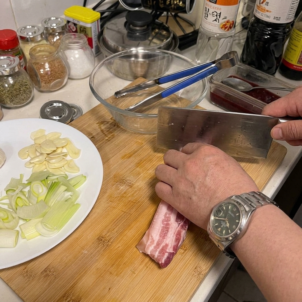 Hands using a large knife to cut thick slices of raw pork belly on a wooden cutting board.