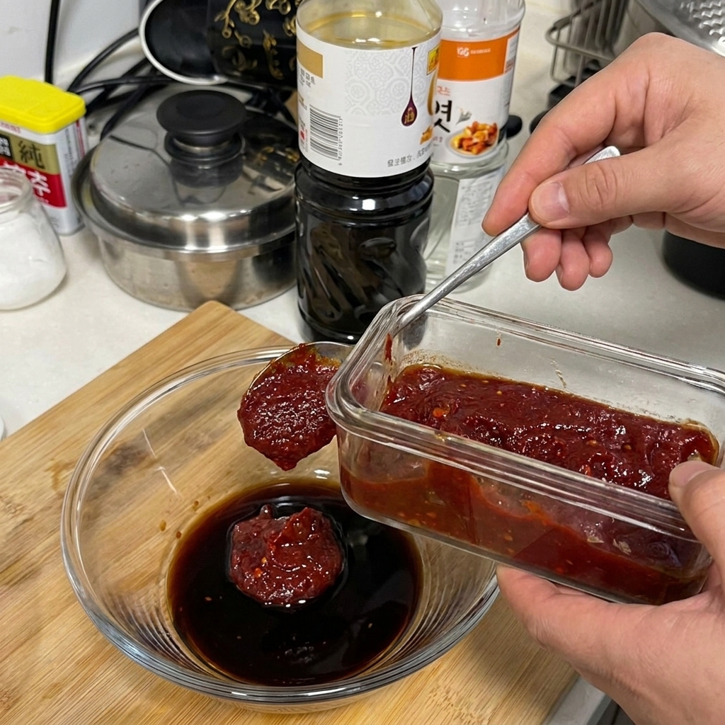 A spoonful of thick red chili paste being held over a bowl containing soy sauce.