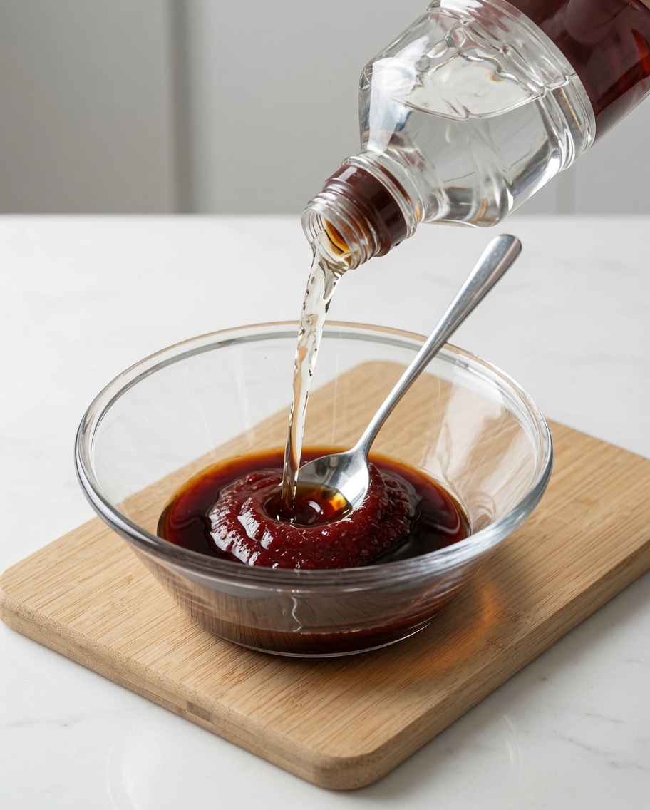 Clear corn syrup being poured into a bowl with a red chili paste mixture.